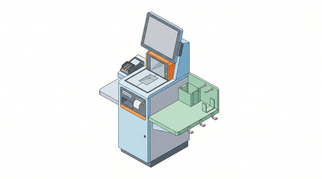 Isometric supermarket checkout counter with POS terminal and scanner on white background