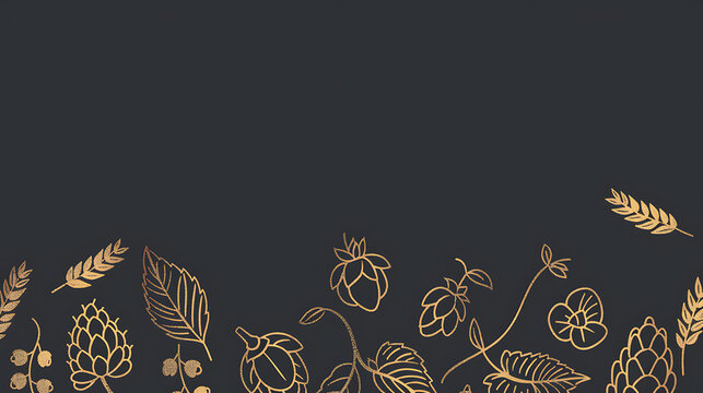 Elegant gold vintage outline botanical brewery element bottom border with dark copy space for craft brand corporate visuals and premium pub menus