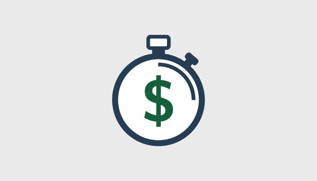 Single minimalist vector icon of a dark blue stopwatch with a green dollar sign on a light gray background.