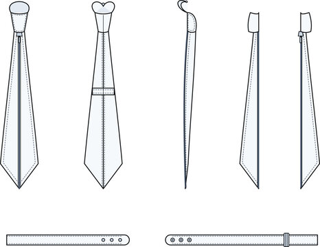 Necktie Technical Flat Sketch Set with Straps and Fabric Swatches Vector Template