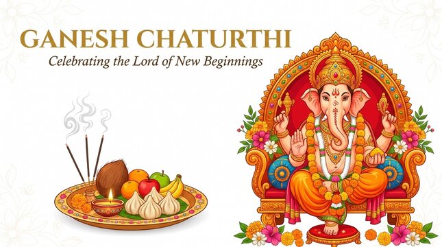 Lord Ganesha Ganesh Chaturthi Festival Celebration with Diyas and Marigold Flowers