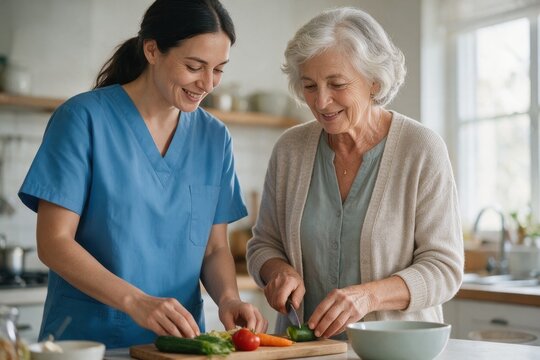 Caregiver Preparing Healthy Meal With Senior Woman at Home