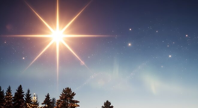 Christmas star shining over snowy forest trees