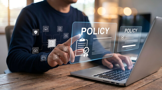 Man interacting with digital policy interface and holographic workflow graphics