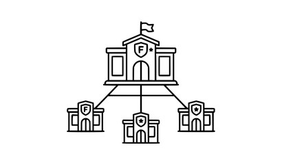 Fototapeta premium Organizational hierarchy vector concept, branch network and corporate structure icon, outline headquarters with connected subsidiary buildings