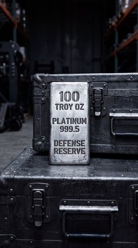 100 Troy Oz Platinum Bullion Bar Beside Locked Storage Case