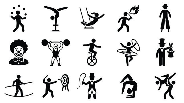 Circus Act Icons Featuring Juggler, Trapeze Artist, Fire Breather, and Strongman
