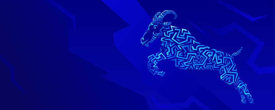 Vector the Goat zodiac design with futuristic blue symbolic lines. Chinese New Year 2027.