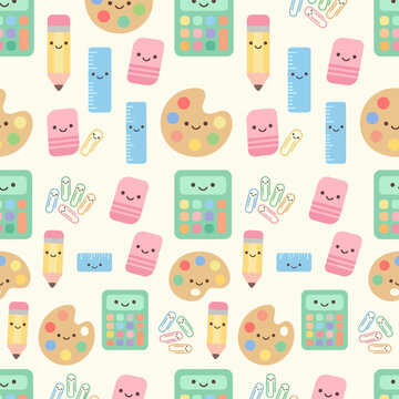 Colorful cartoon school supplies seamless pattern design.