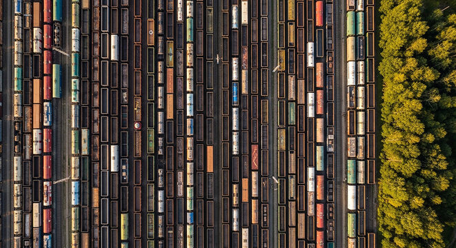 Top down aerial view of massive rail yard with rows of freight train cars in the forest