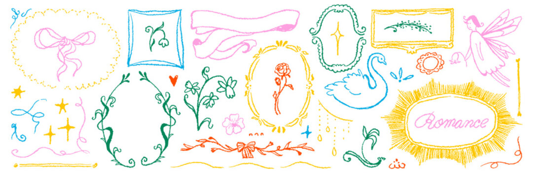 Hand drawn doodle asset pack. Charcoal crayon scribble shape and elements. Kid drawing naive vector collection