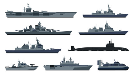 Military Warship and Naval Fleet Vector Icon Set with Aircraft Carrier, Destroyer, Submarine, Battleship, and Hovercraft for Defense Graphic Designs © MstRabeya