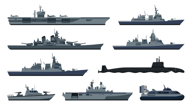 Military Warship and Naval Fleet Vector Icon Set with Aircraft Carrier, Destroyer, Submarine, Battleship, and Hovercraft for Defense Graphic Designs