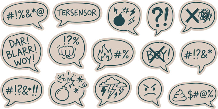 Collection of hand-drawn speech bubbles with symbols representing anger, frustration, and censored words.