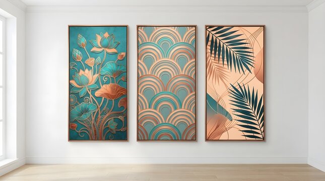 Teal and copper art triptych hanging in a bright modern living room interior