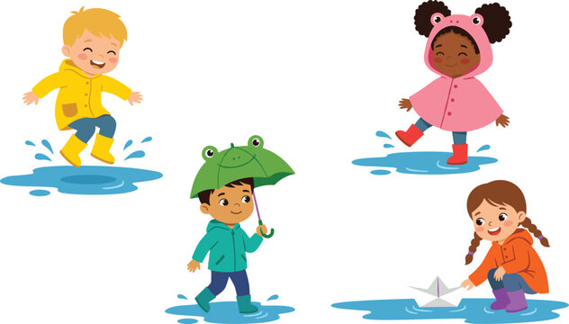 Cute Diverse Children Playing in Rainy Weather Vector Set Featuring Kids Splashing in Puddles Wearing Raincoats Boots and Holding Umbrellas