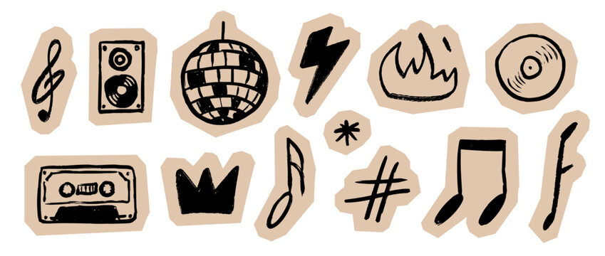 Scrapbook hand drawn music sticker collection. Crayon doodle music set on cutout paper. Collage style scribble symbols with disco ball, speaker, fire, cassette, vinyl. Vector festival poster pack