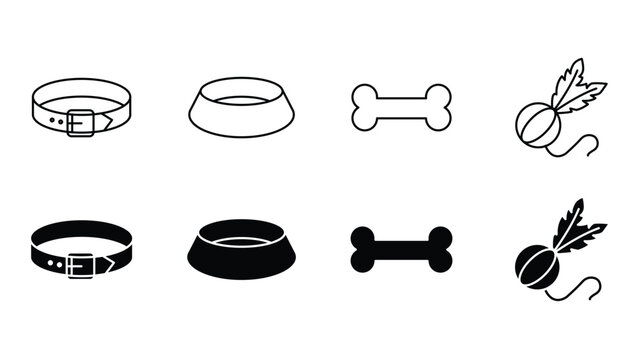 Set of pet supplies icons including collar, bowl, bone and toy