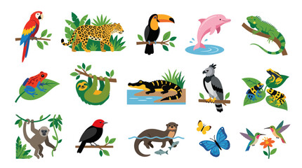 Naklejka premium Flat Vector Illustration Set of Tropical Rainforest Animals. Diverse Wildlife Collection for Nature Education