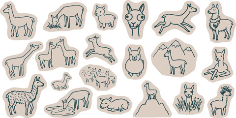 Naklejka premium Collection of hand-drawn llama illustrations in various poses and activities, showcasing their playful and gentle nature.