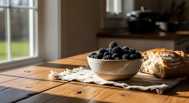 Ceramic bowl of fresh blackberries with rustic bread on a wooden table, sunlight