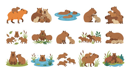 Obraz premium Cute Capybara Family Flat Vector Cartoon Illustrations with Babies in Nature and Wildlife Settings