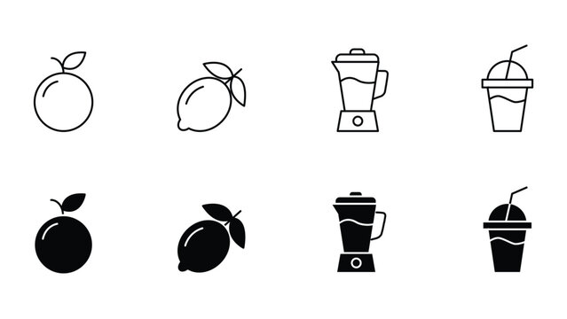 Set of fruit and drink icons including orange, lemon, blender and smoothie cup in outline and solid style