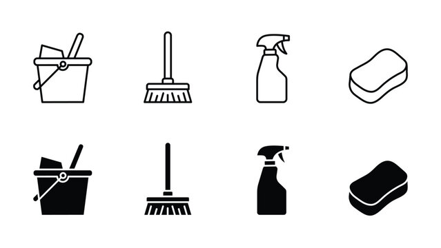 Set of cleaning tools icons including bucket broom spray bottle and sponge