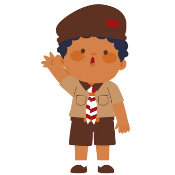Surprised elementary scout student standing with raised hands and an expressive face.