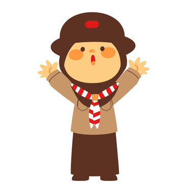 Happy elementary school scout girl wearing uniform, raising both hands cheerfully up.