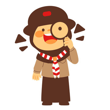 Elementary school scout girl wearing uniform, using magnifying glass with curious expression.