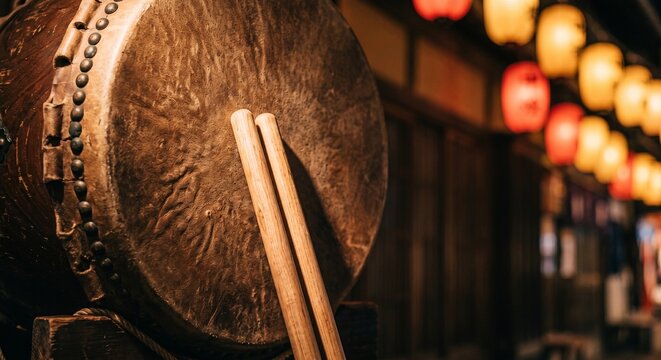Close-up of Traditional Japanese Taiko Drum with Wooden Bachi Drumsticks and Blurred Festival Lanterns