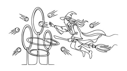 Obraz premium Witch Flying Broomstick Playing Quidditch Game with Hoops and Balls Isolated