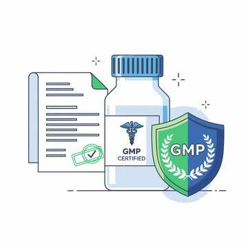 Illustrated gmp certified pharmaceutical compliance with shield emblem symbolizing Good Manufacturing Practices compliance clean pharmaceutical bottle document