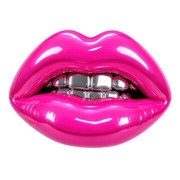 Glossy hot pink lips with silver teeth isolated on white background, bold 3D mouth icon for Y2K digital design