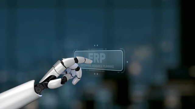 A robotic hand interacts with virtual interfaces symbolizing enterprise resource planning, showcasing cutting-edge technology in a contemporary business setting. Synapse