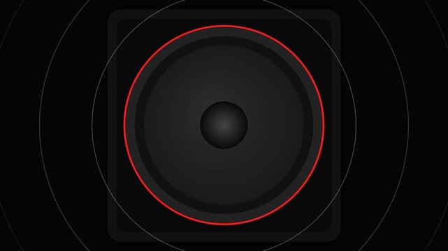 Abstract audio speaker cone vibrating with red circular sound waves and pulse motion