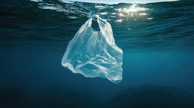 Plastic bag floats underwater with sunbeams filtering through the blue ocean