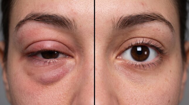 Macro close up showing comparison between swollen inflamed eyelid and healthy eye of a woman.