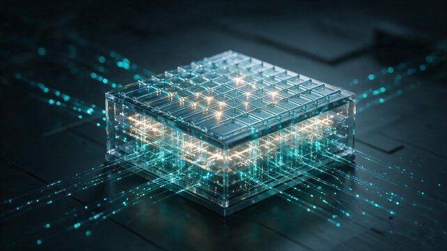 Futuristic quantum computer chip with glowing data circuit on motherboard