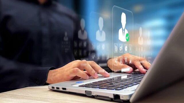 Recruitment Process in HR Management. Select Top Talent Profiles, Digital Hiring, Job Interview. Businessman Using Laptop to Filter Talent, Analyze KPI Data, Review Candidate Resume on Virtual Screen