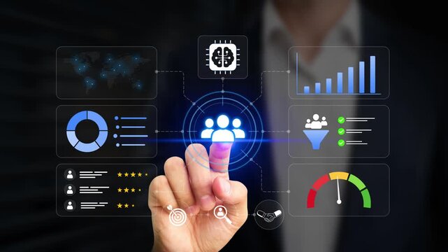 Smart Targeting Audience, Customer Segmentation, Partner Profiling, Predictive Analytics, CRM System, Customer Engagement Insights. Businessman Using AI Data Analysis to Identify Target Audience