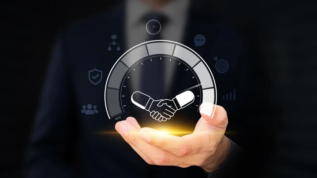 Partnership Trust and Performance Concept. Corporate Relationships. Businessman Showing Confidence Meter with Handshake Icon. Collaboration, Commitment, Teamwork and Mutual Success. 4K Video Footage