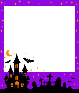 Halloween Purple Frame with Haunted Castle, Bats and Graveyard, Spooky Vector Illustration
