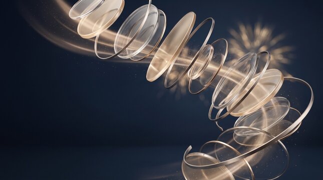 Translucent Glass Rings Spiraling Through Dark Blue Space with Golden Light