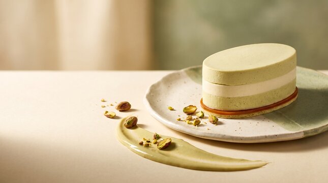 Luxury Pistachio Mousse Dessert with Vanilla Cream and Caramel Detail
