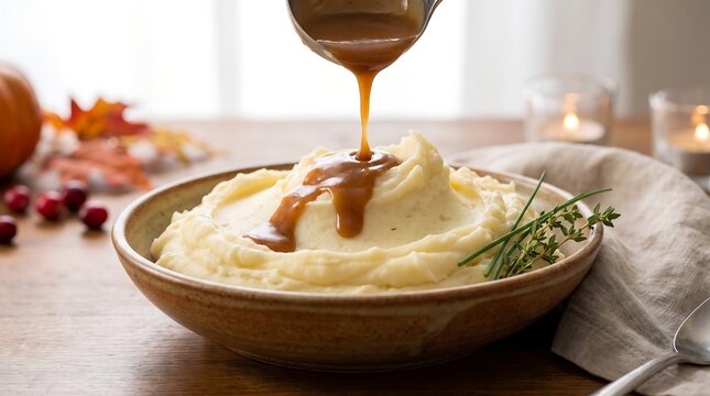 Pouring savory brown gravy over creamy mashed potatoes in a bowl for a Thanksgiving holiday dinner.