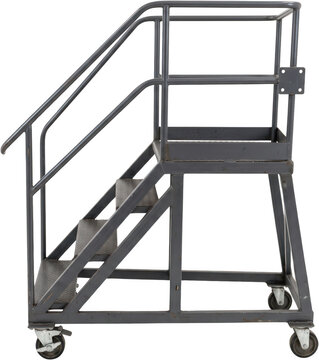 Industrial mobile steel staircase with safety handrails and castor wheels for warehouse access and workshop maintenance equipment handling tasks in manufacturing facility