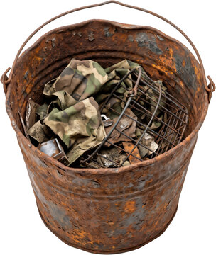 An old rusty metal bucket filled with discarded junk including camouflage fabric and a small wire mesh grid viewed from above showcasing texture and decay container trash