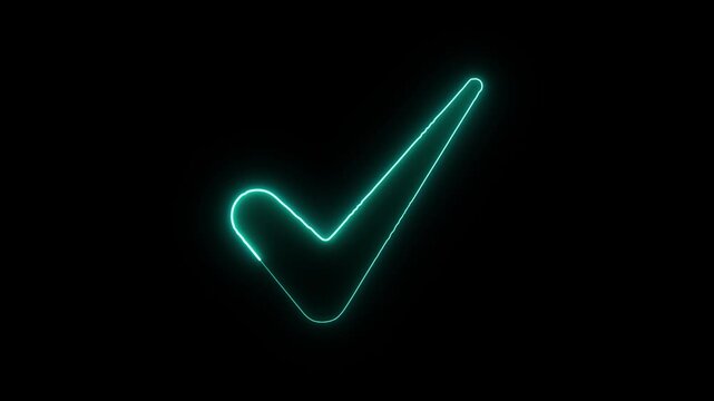 Glowing neon cyan check mark icon pulsating on dark black background for digital validation and confirmation interface.